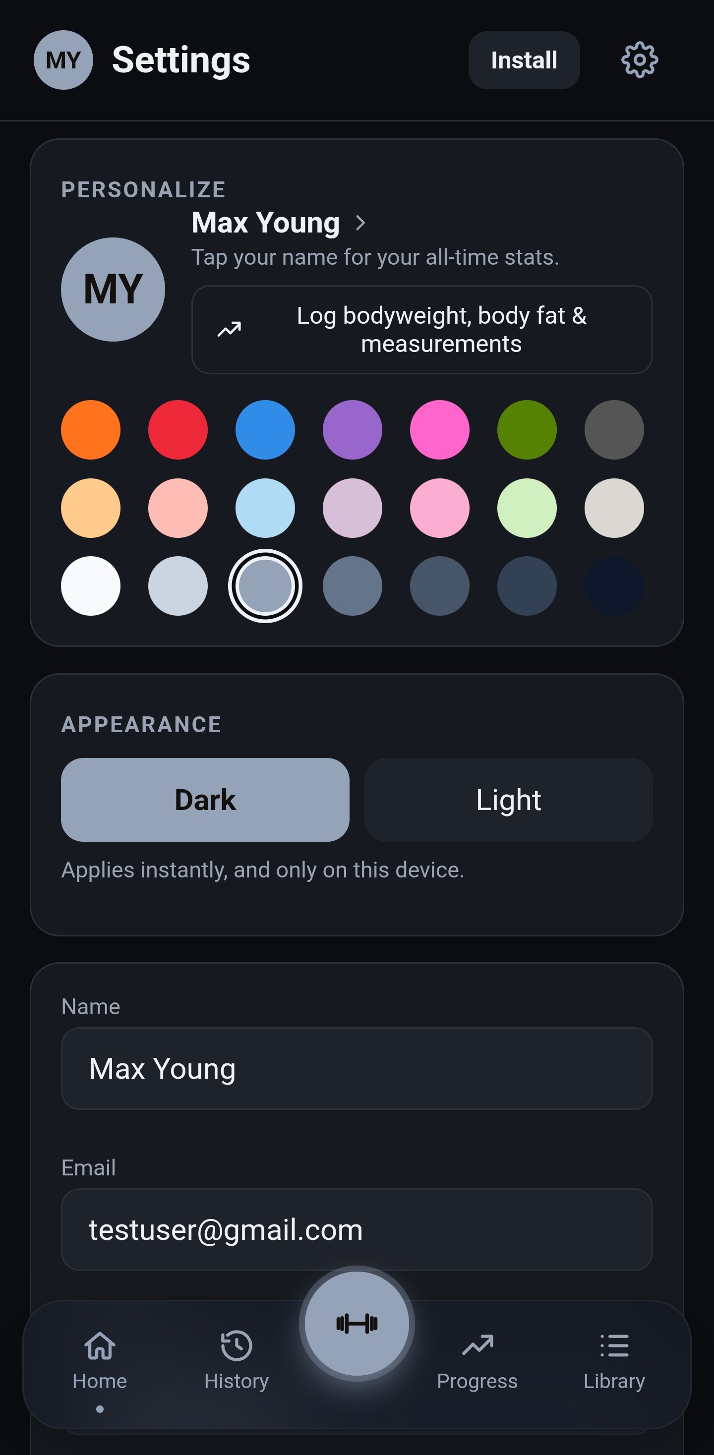 Settings personalize screen — a 21-color palette picker across three rows, with a muted grey-blue shade selected, and the account's initials shown in that color as the avatar next to the owner's name